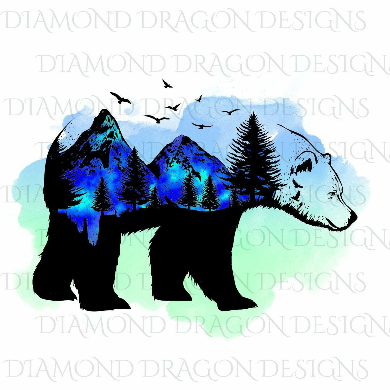 Bears - Bear Silhouette, Bear Mountains, Aurora Borealis, Watercolor Bear, Waterslide
