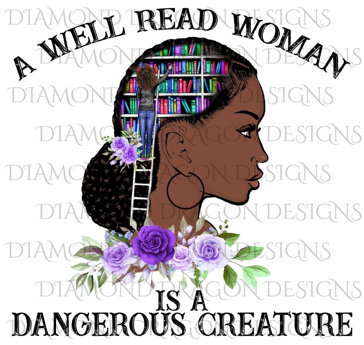 Books - A Well Read Woman, Lady Library, Book Girl, Purple Floral, Waterslide