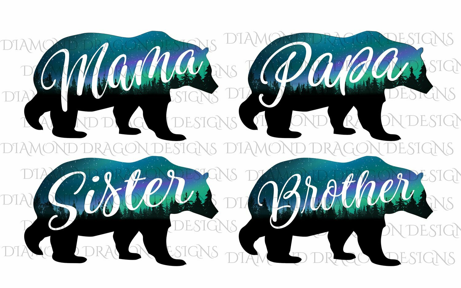 Bears - Mama Bear Image, Papa Bear, Brother, Sister, Bear, Silhouette, Forest, Trees, Aurora Borealis, Waterslide