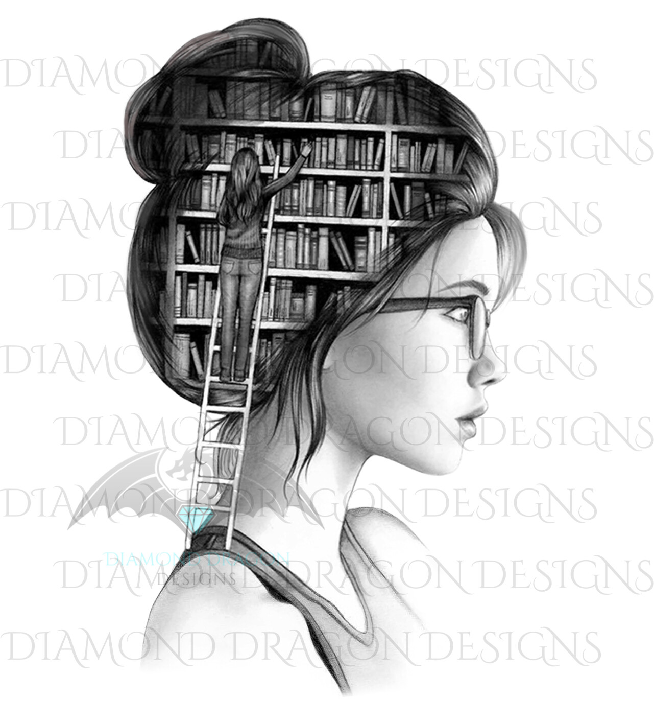 Books - Lady Library, Book Girl, Book Lover, Woman with Books, Bookshelf, Black and White, Waterslide