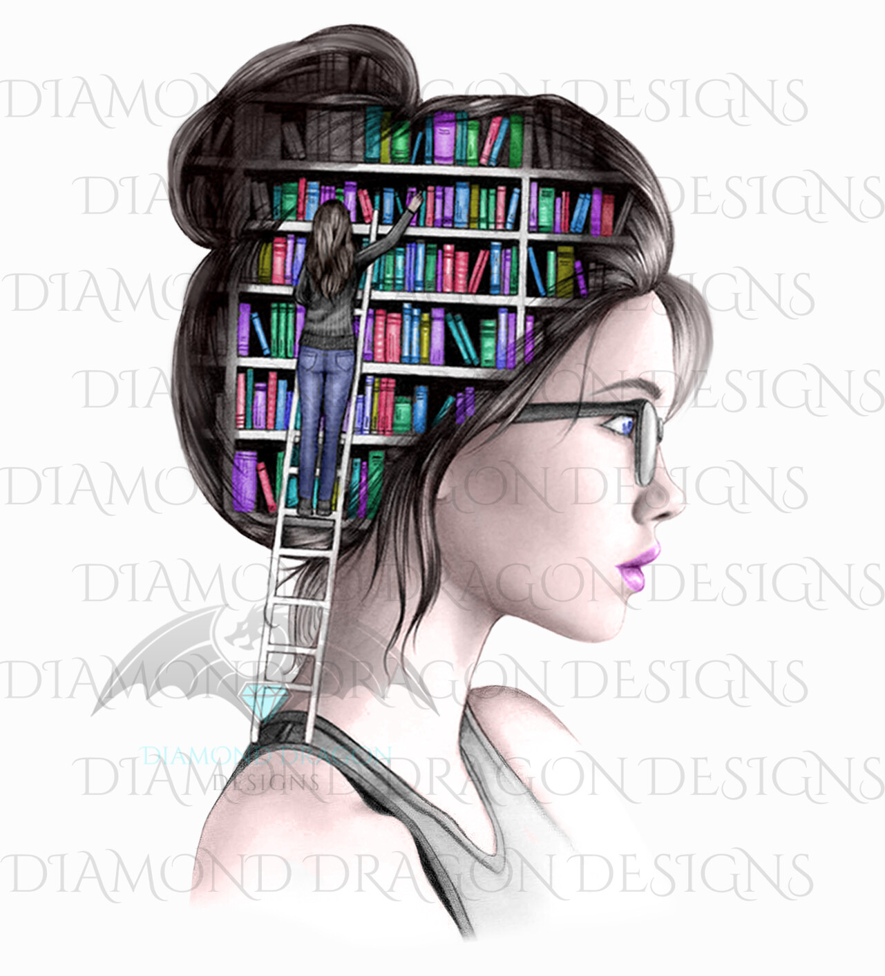 Books - Lady Library, Book Girl, Book Lover, Woman with Books, Bookshelf, Pastel, Waterslide
