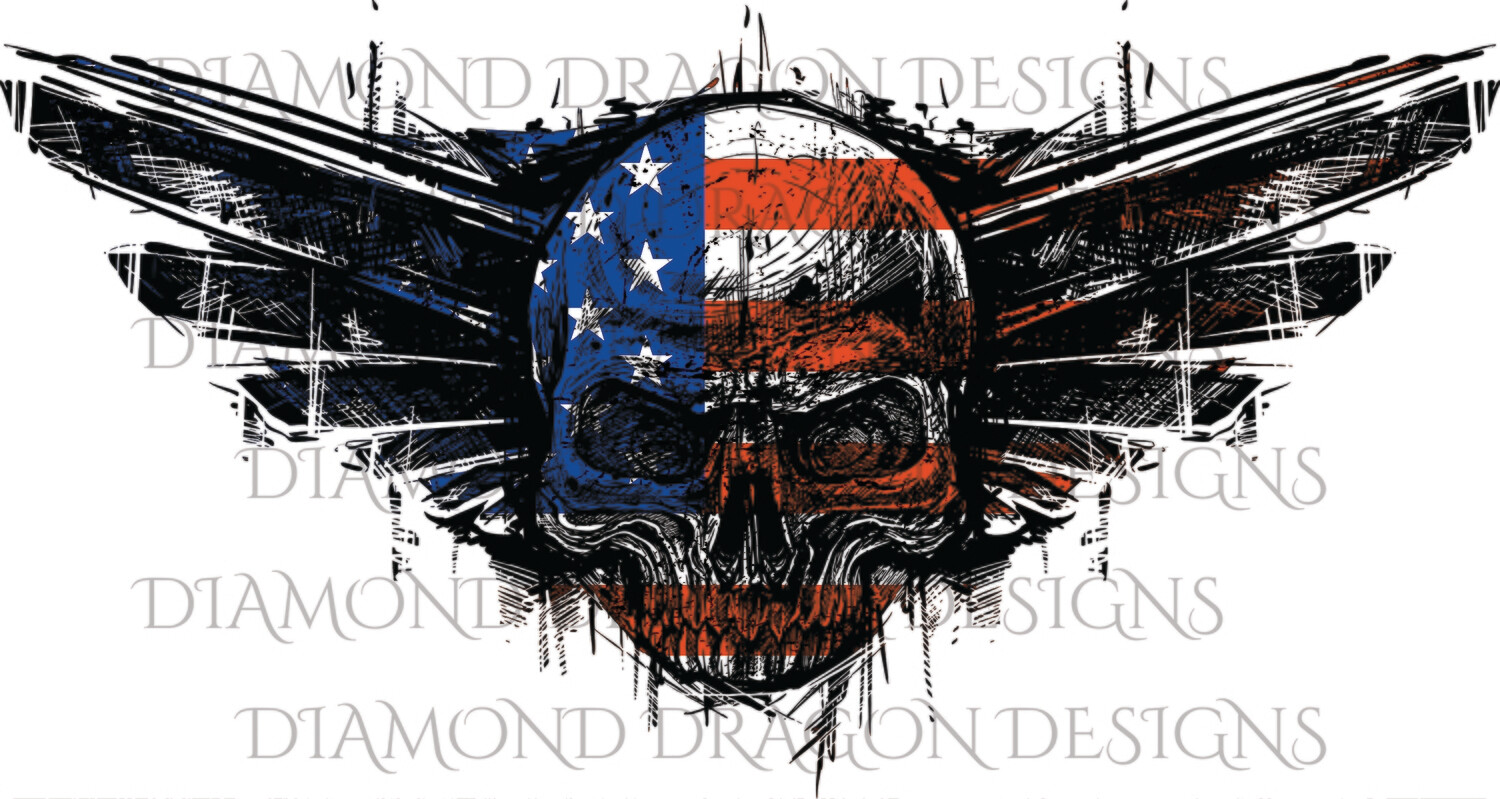 Skulls - Patriotic Flag Skull, Grunge Wings, Waterslide