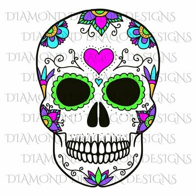 Skulls - Sugar Skull, Flowers Heart Skull, Floral Sugar Skull, Digital Image