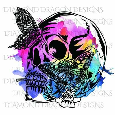 Skulls - Butterfly, Skull, Rainbow, Watercolor, Digital Image