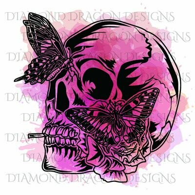 Skulls - Butterfly Skull, Pink, Watercolor, Digital Image