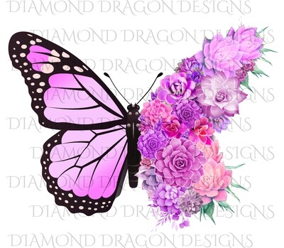 Butterfly - Succulent Butterfly, Light Pink Monarch Butterfly, Watercolor Butterfly, Butterfly with Succulents, Digital Image