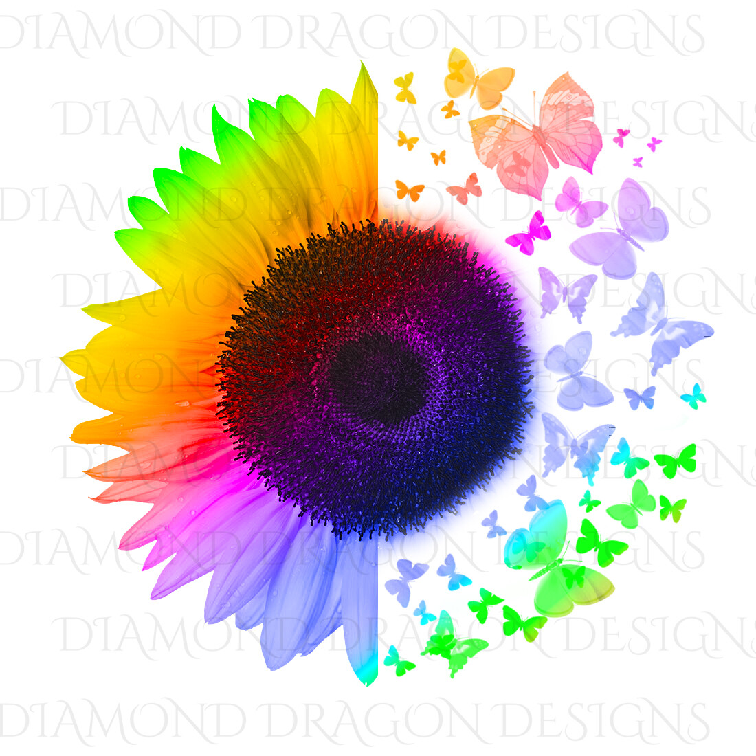 Sunflowers - Half Rainbow Sunflower, Butterfly Sunflower, Butterflies, Rainbow Sunflower, Digital Image