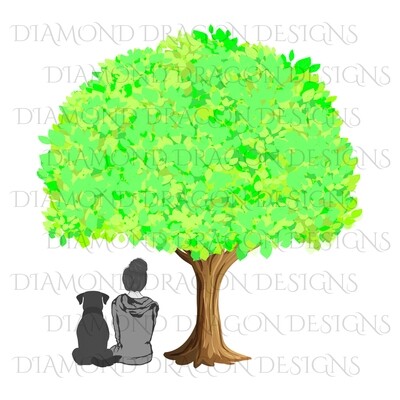 Dogs - Girl Who Loves Dogs, Girl & Dog Under Tree, Girls Best Friend, Woman and Dog Under Tree, Summer, Digital Image