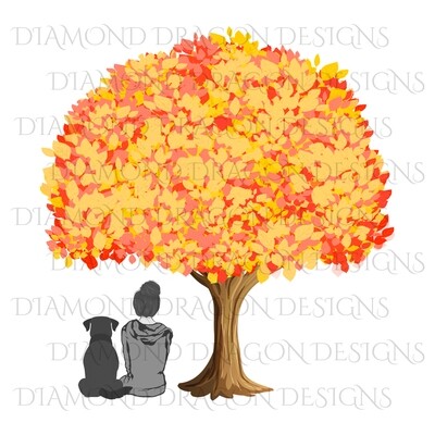 Dogs - Girl Who Loves Dogs, Girl & Dog Under Tree, Girls Best Friend, Woman and Dog Under Tree, Summer, Digital Image
