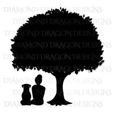 Dogs - Girl Who Loves Dogs, Girl & Dog Under Tree, Girls Best Friend, Woman and Dog Under Tree, Silhouette, Digital Image
