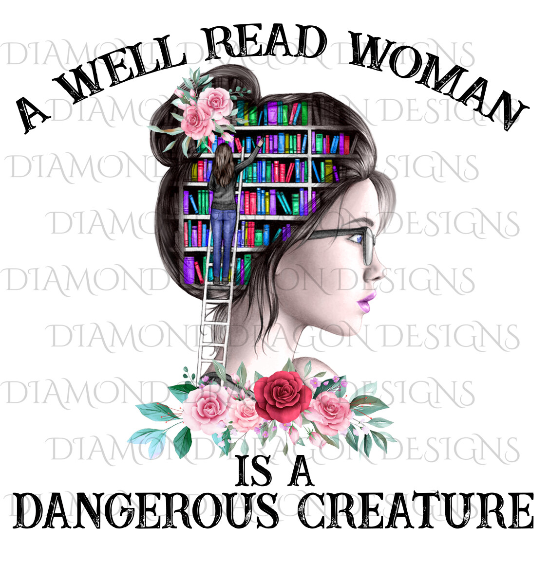 Books - A Well Read Woman, Lady Library, Book Girl, Book Lover, Pink Floral Digital Image