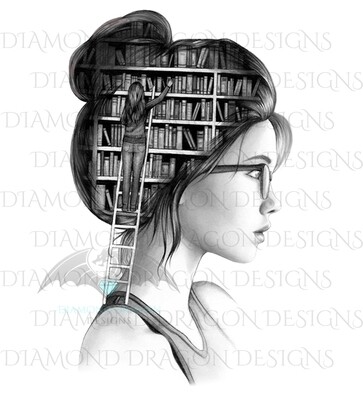 Books - Lady Library, Book Girl, Book Lover, Black and White, Digital Image