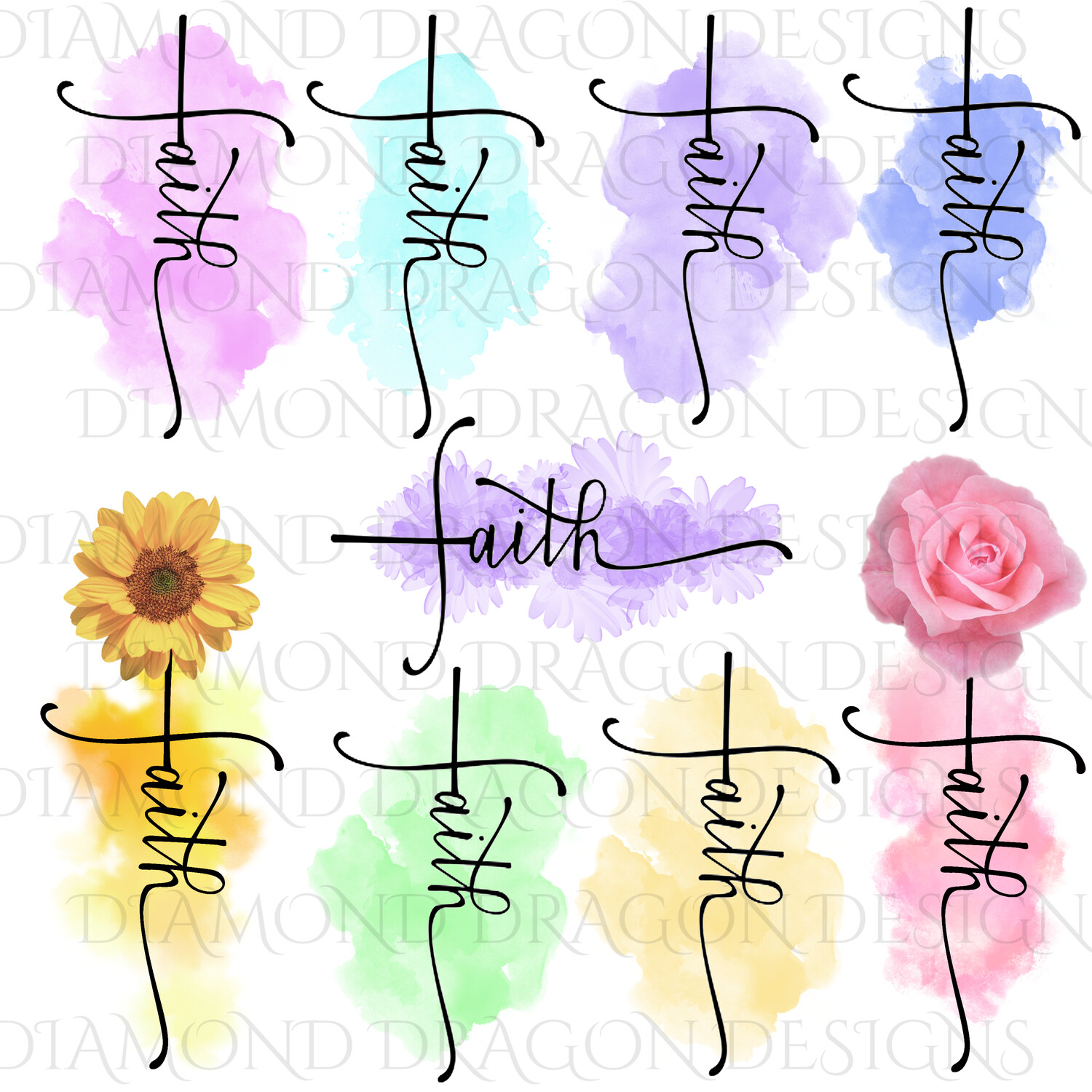 Faith - 9 Faith Cross Bundle, Watercolor Faith Cross, Sunflower Faith Cross, Waterslide