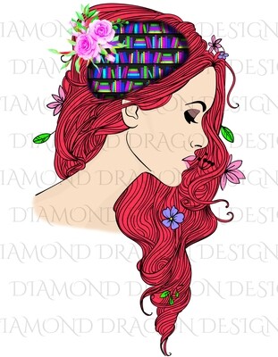 Books - Whimsical, Red Head, Lady Library, Book Lover, Book Girl, Digital Image