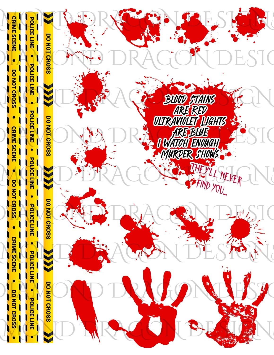 Full Page - Crime Tape, Blood Stains Are Red, Blood Splatter Heart, Poem, Waterslide