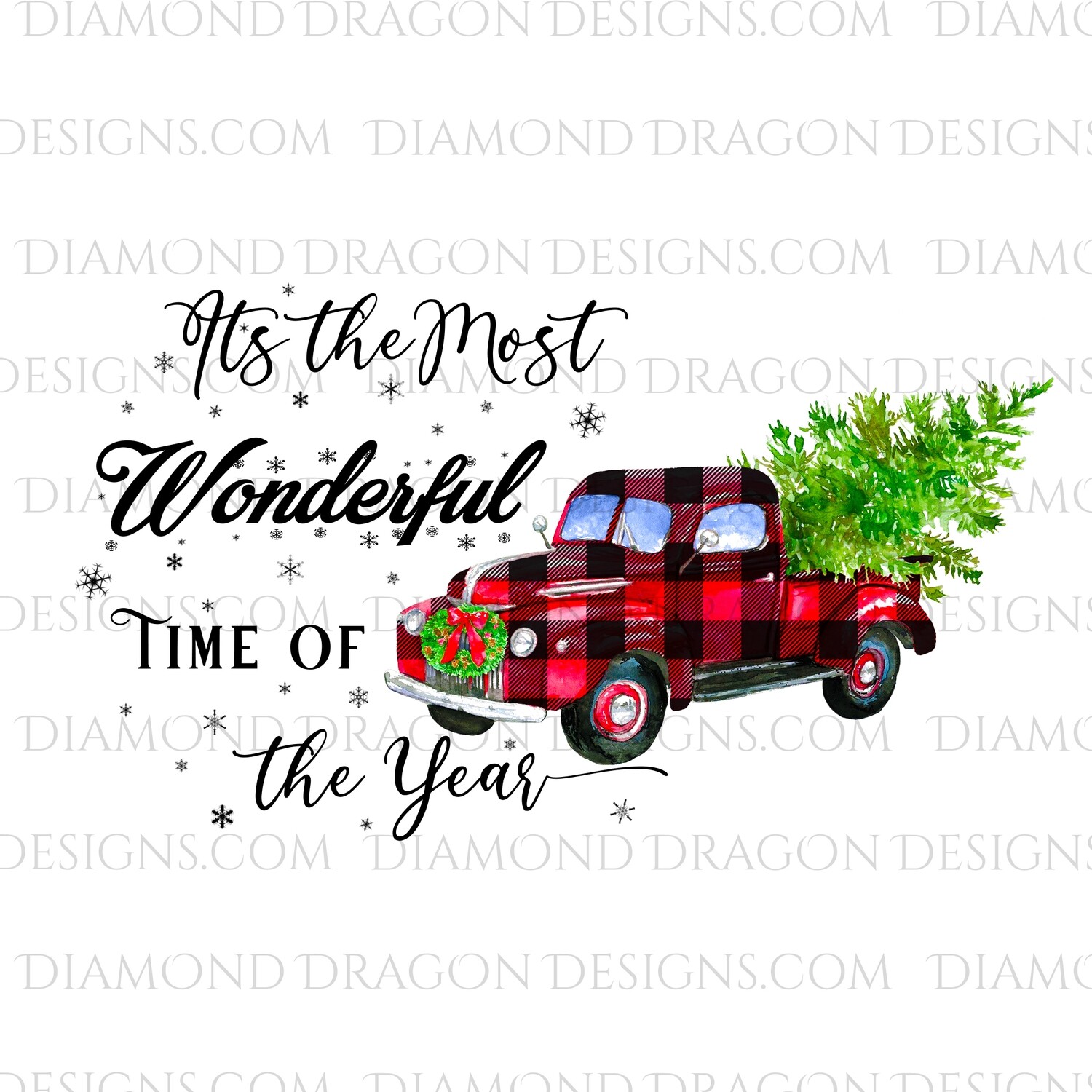 Christmas - Red Plaid Truck, Christmas Tree, It’s the most wonderful time, Red Vintage Truck, Digital Image