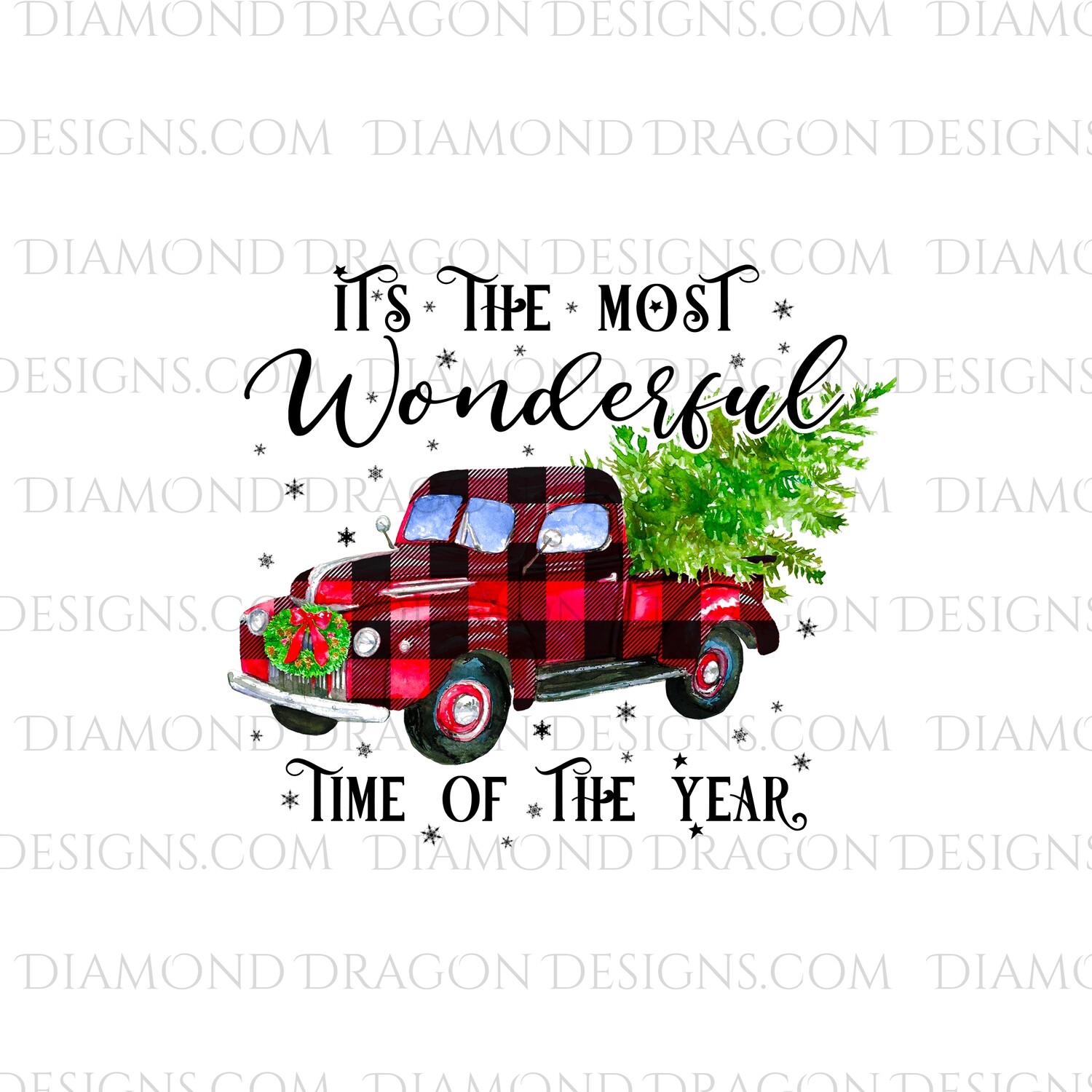 Christmas - Red Plaid Truck, Christmas Tree, It’s the most wonderful time, Red Vintage Truck 2, Digital Image