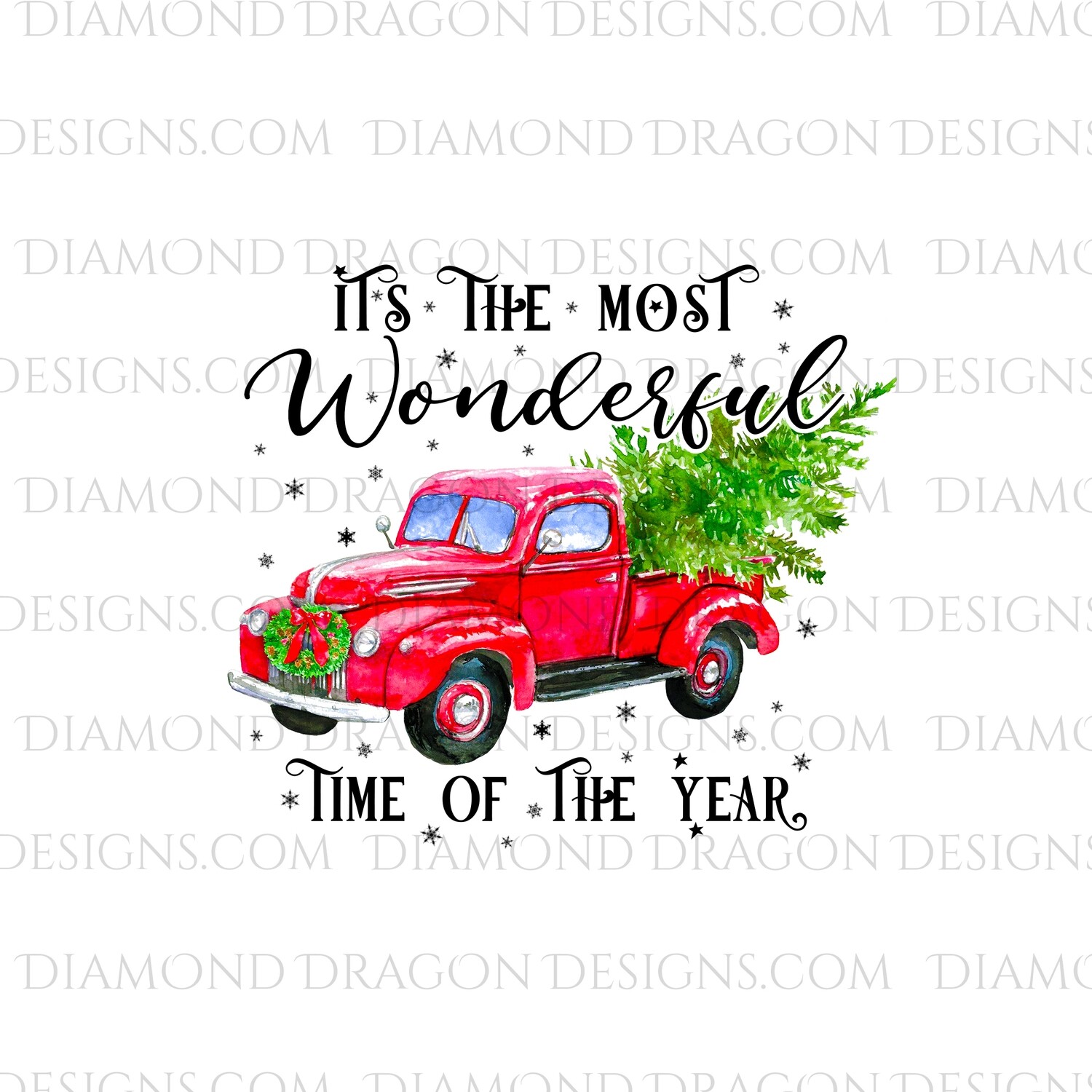 Christmas - Red Truck, Christmas Tree, It’s the most wonderful time, Red Vintage Truck 3, Digital Image