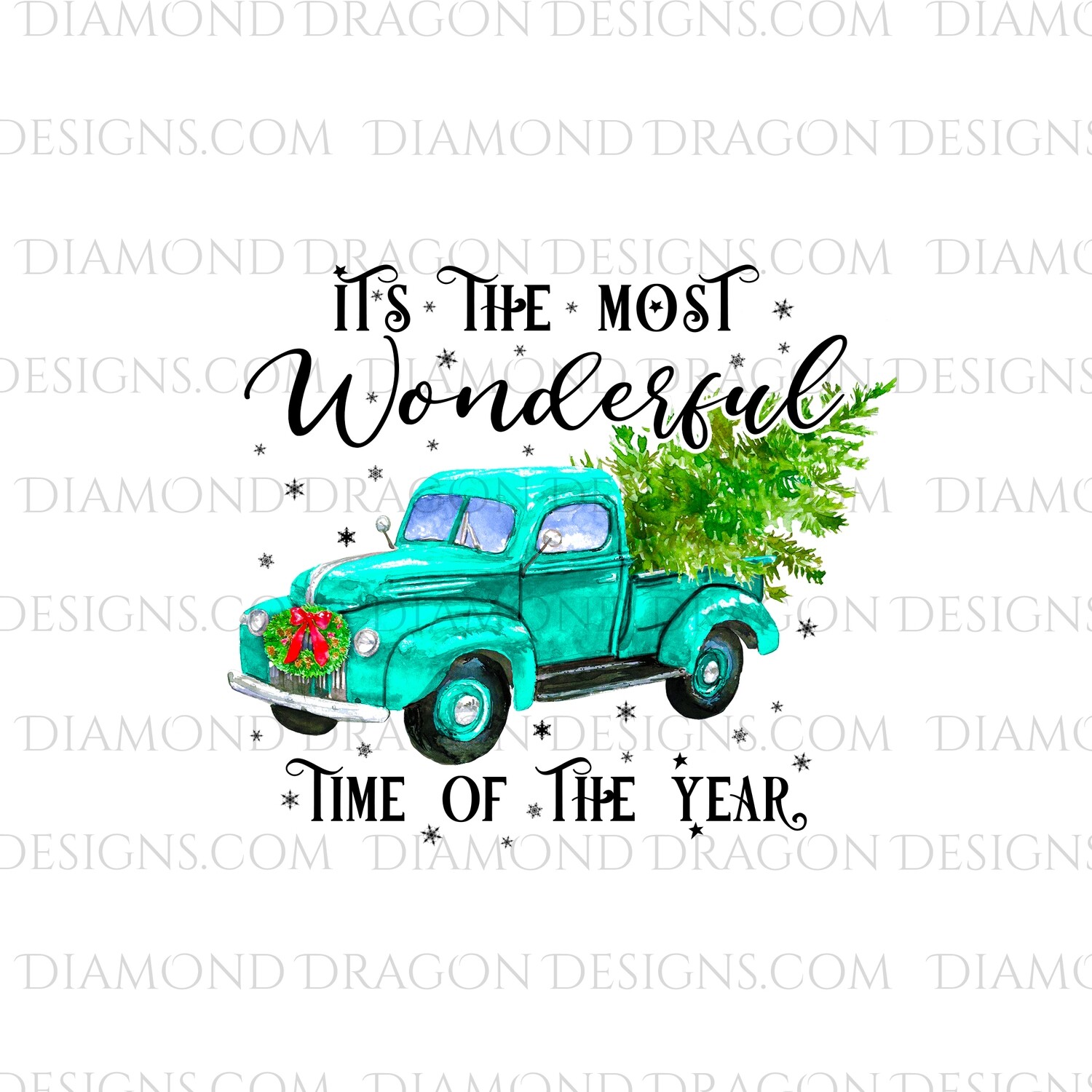 Christmas - Blue Truck, Christmas Tree, It’s the most wonderful time, Blue Vintage Truck, Digital Image