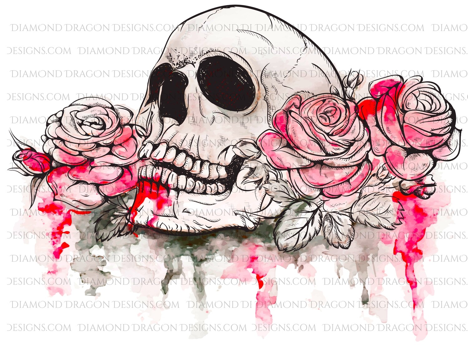 Halloween - Red Watercolor Floral Skull Roses, Digital Image