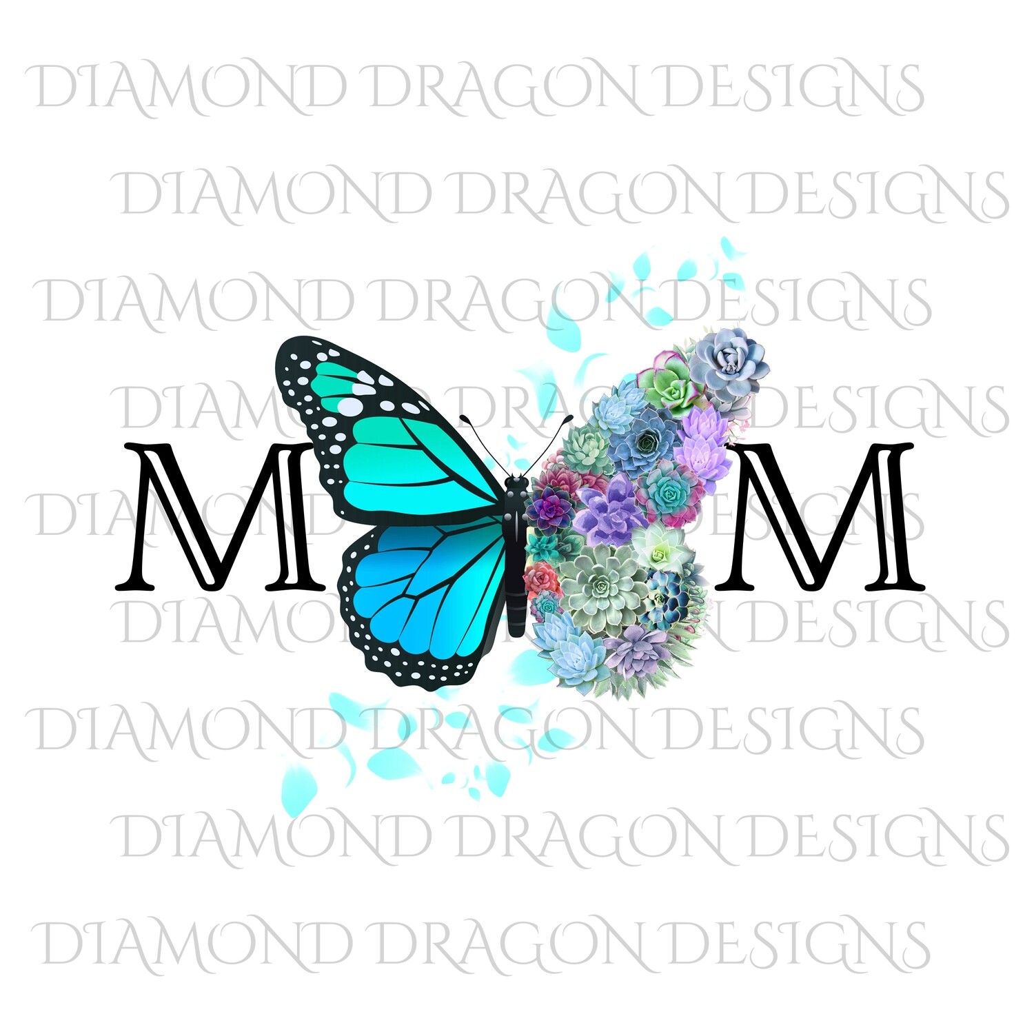 Mom's - Butterfly Succulent Floral, Mother's Day Design, Watercolor Mom Design, Blue Flower Butterfly, Waterslide