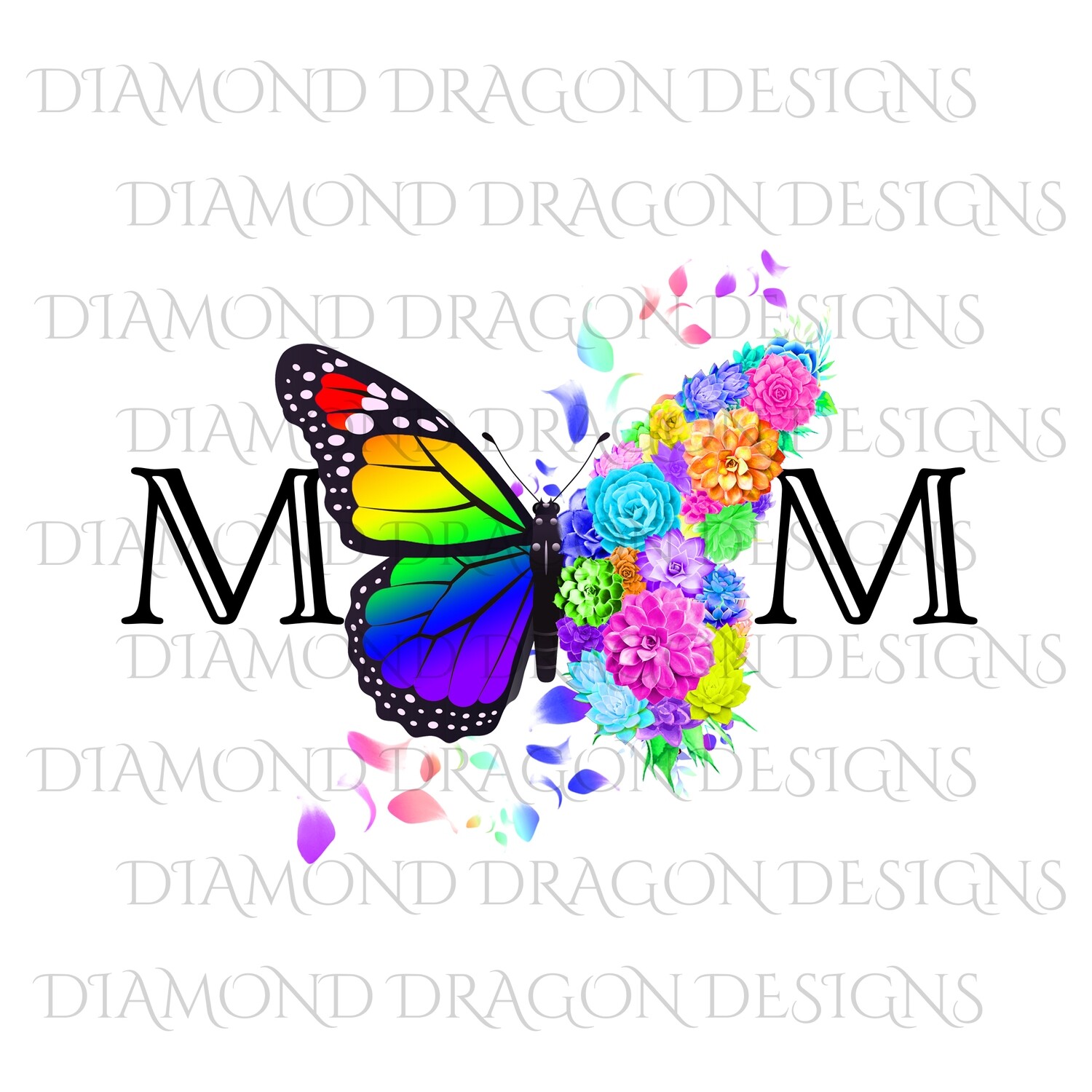 Mom's - Butterfly Succulent Floral, Mother's Day Design, Watercolor Mom Design, Rainbow Flower Butterfly, Digital Image