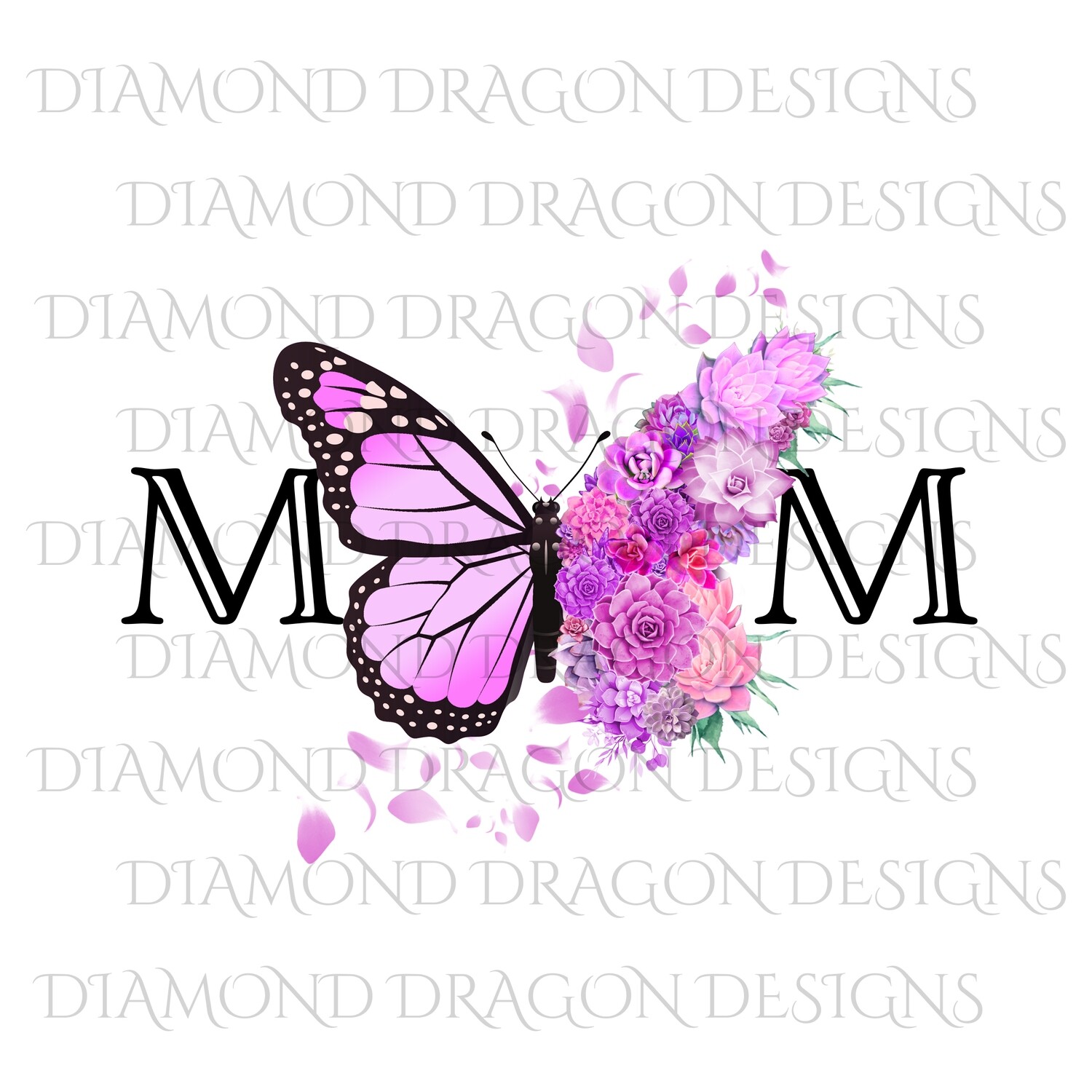 Mom's - Butterfly Succulent Floral, Mother's Day Design, Watercolor Mom Design, Pink Flower Butterfly, Waterslide