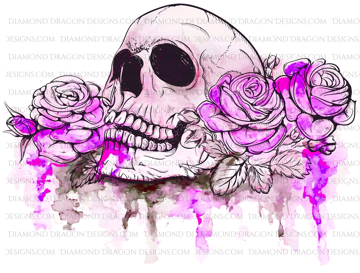 Halloween - Pink Watercolor Floral Skull Roses, Digital Image
