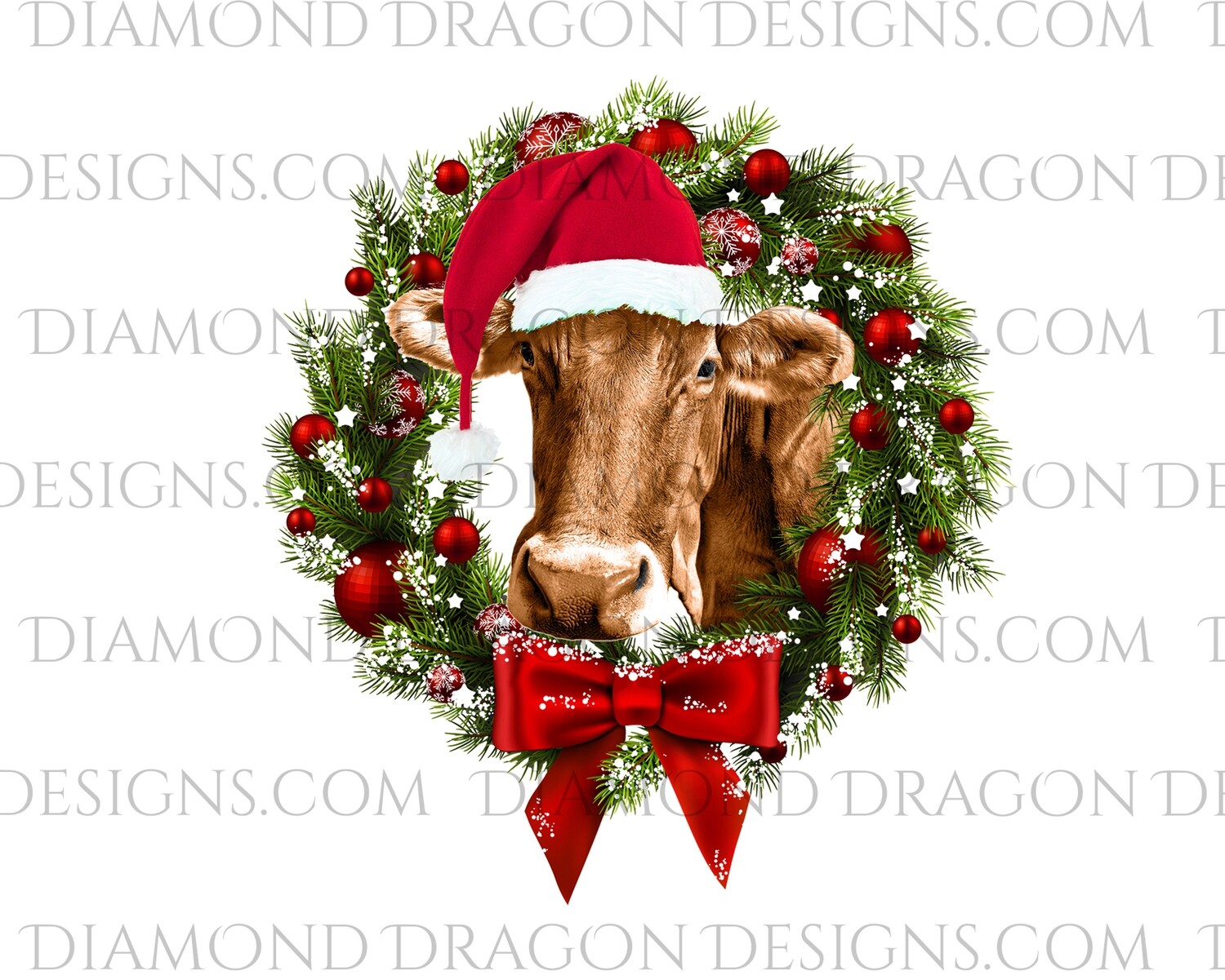 Cows - Cute Christmas Wreath Cow, Santa Cow, Digital Image