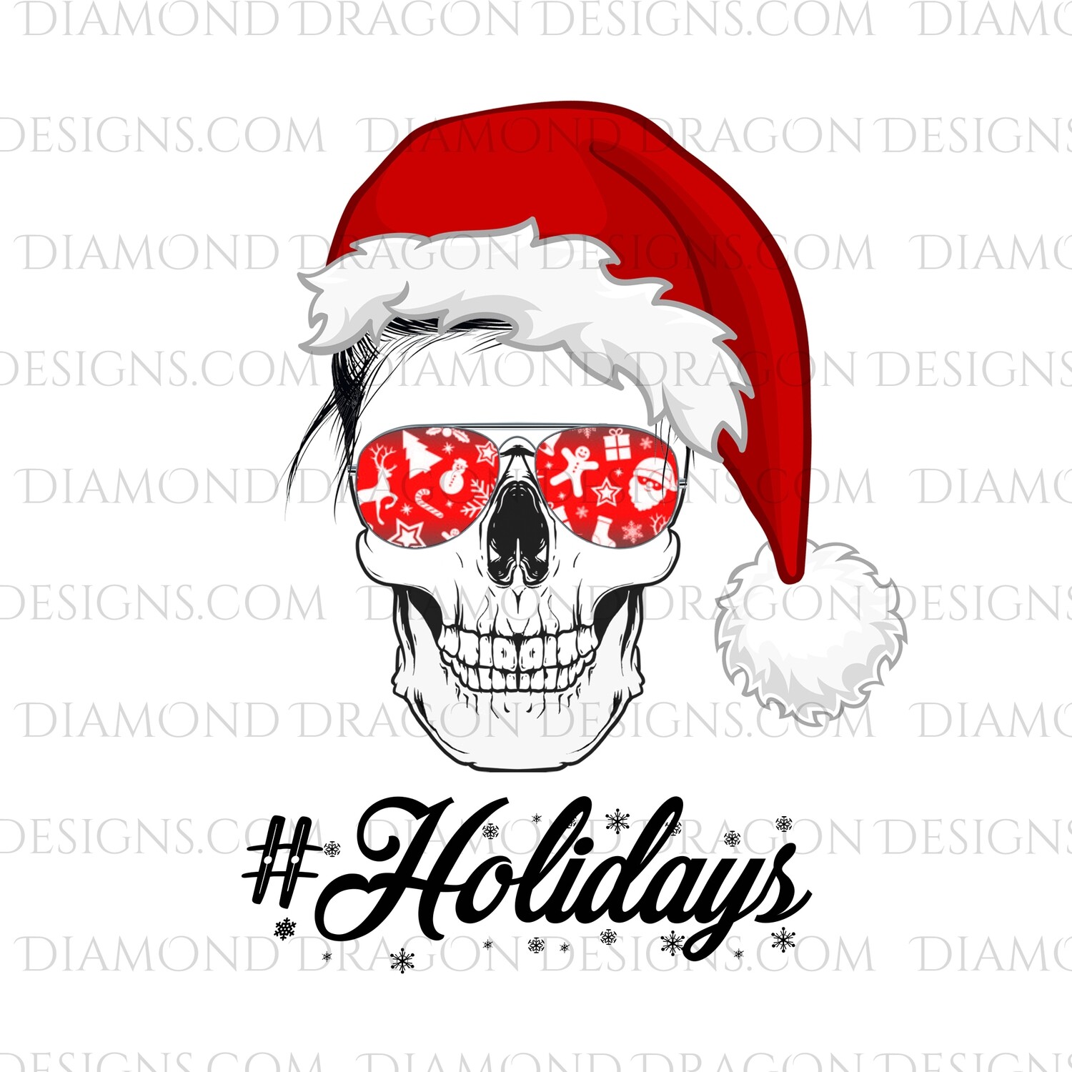 Christmas - Christmas Skull, Santa Hat, Messy Bun, #Holidays, Digital Image
