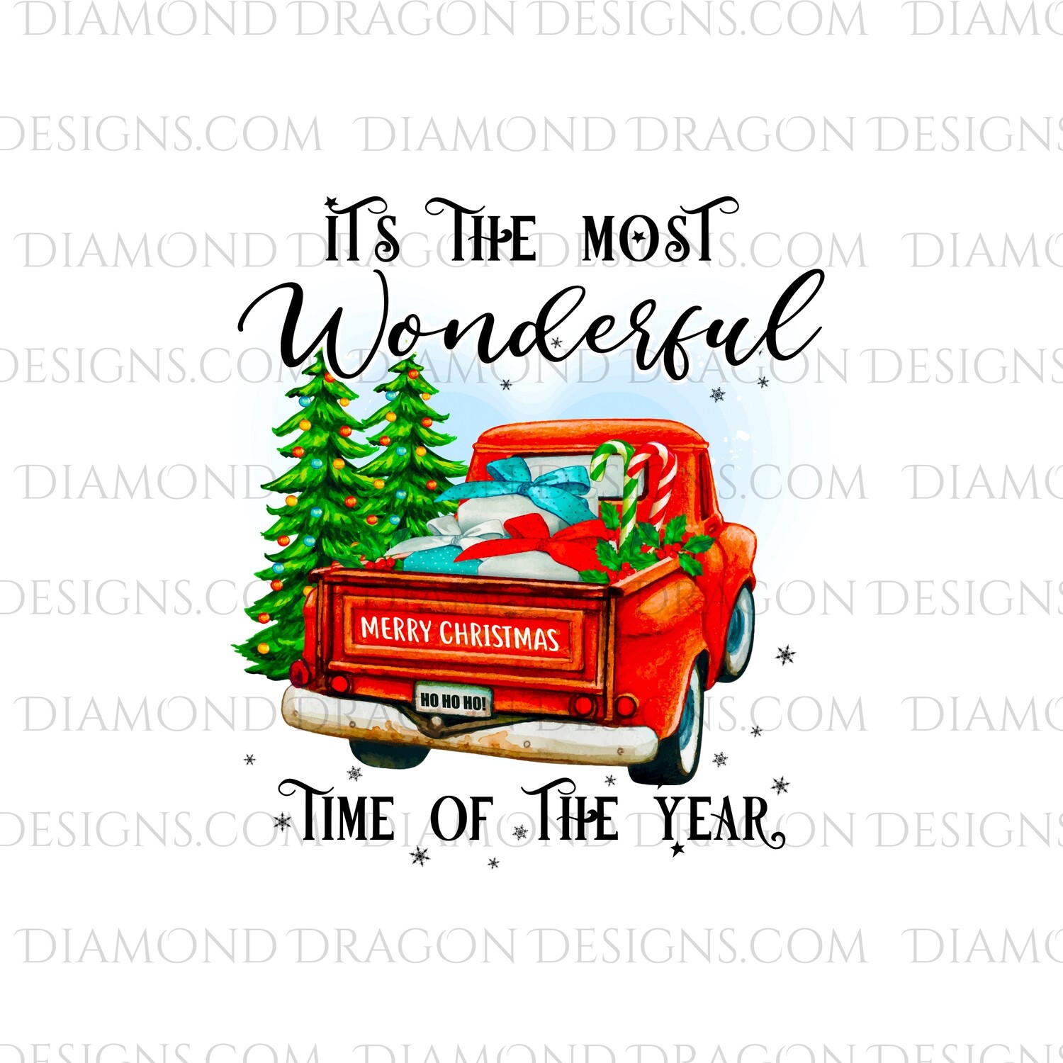 Christmas - Red Truck, Christmas Tree, It’s the most wonderful time, Red Vintage Truck, Digital Image