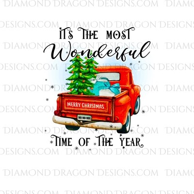 Christmas - Red Truck, Christmas Tree, It’s the most wonderful time, Red Vintage Truck, Digital Image