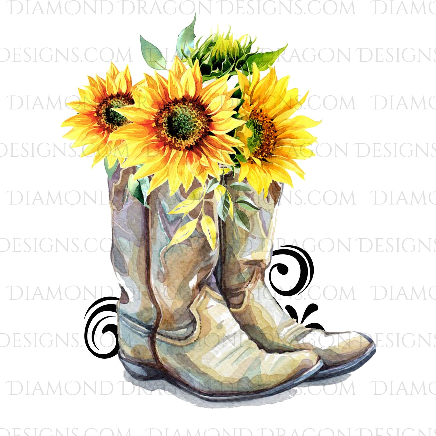 Western - Cowboy Boots, Sunflower Floral, Waterslide