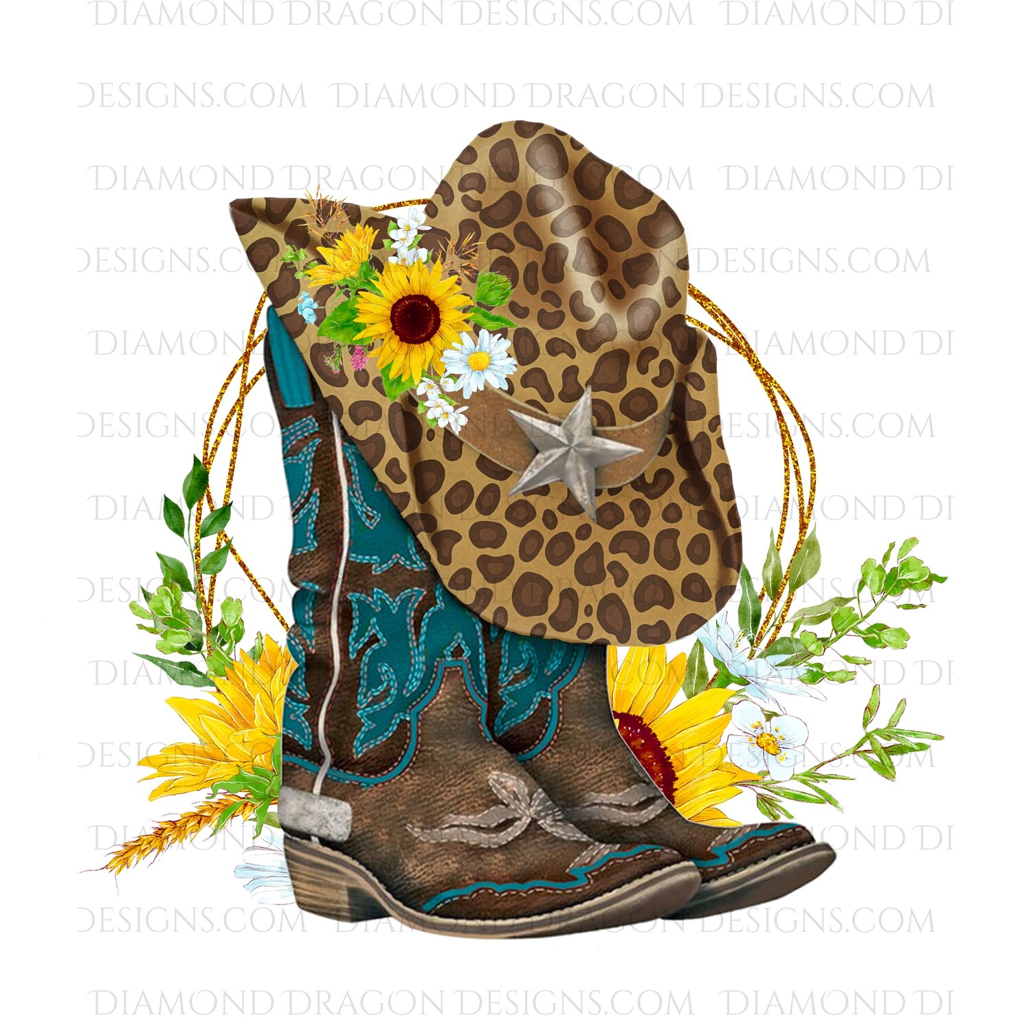 Western - Turquoise Boots, Leopard Hat, Sunflower Floral, Digital Image