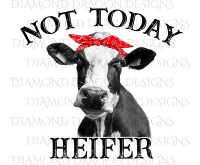 Cows - Heifer, Not Today Heifer, Red Bandana, Black White Cow, Digital Image