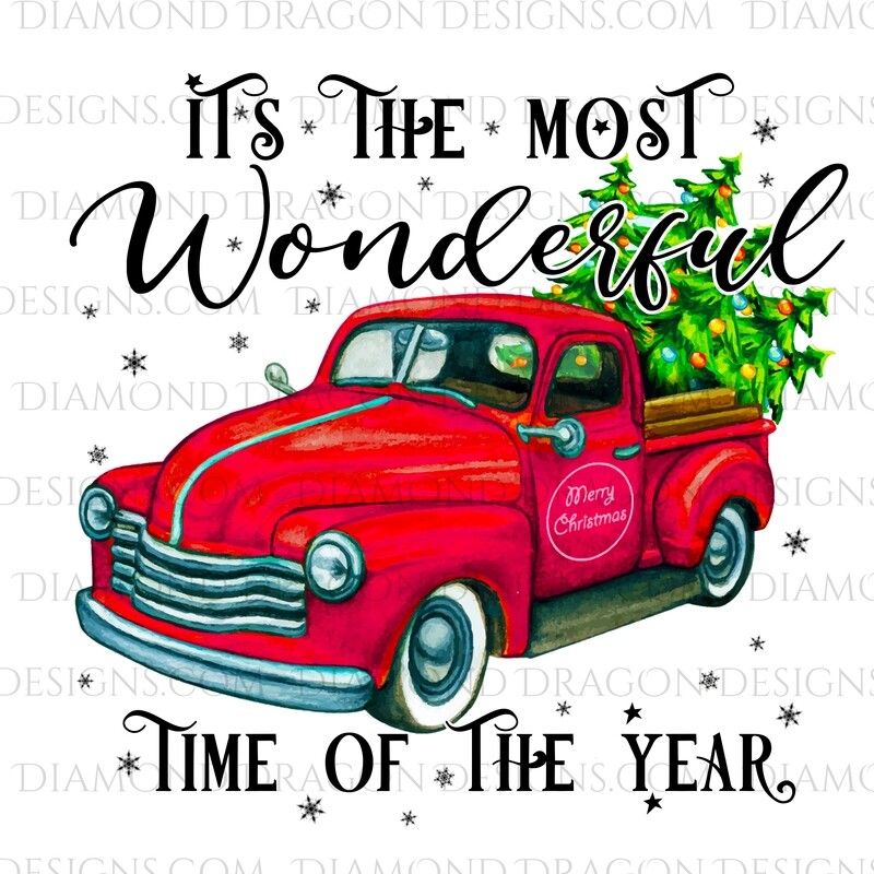 Christmas - Red Truck, Christmas Tree, It’s the most wonderful time, Red Vintage Truck, Digital Image