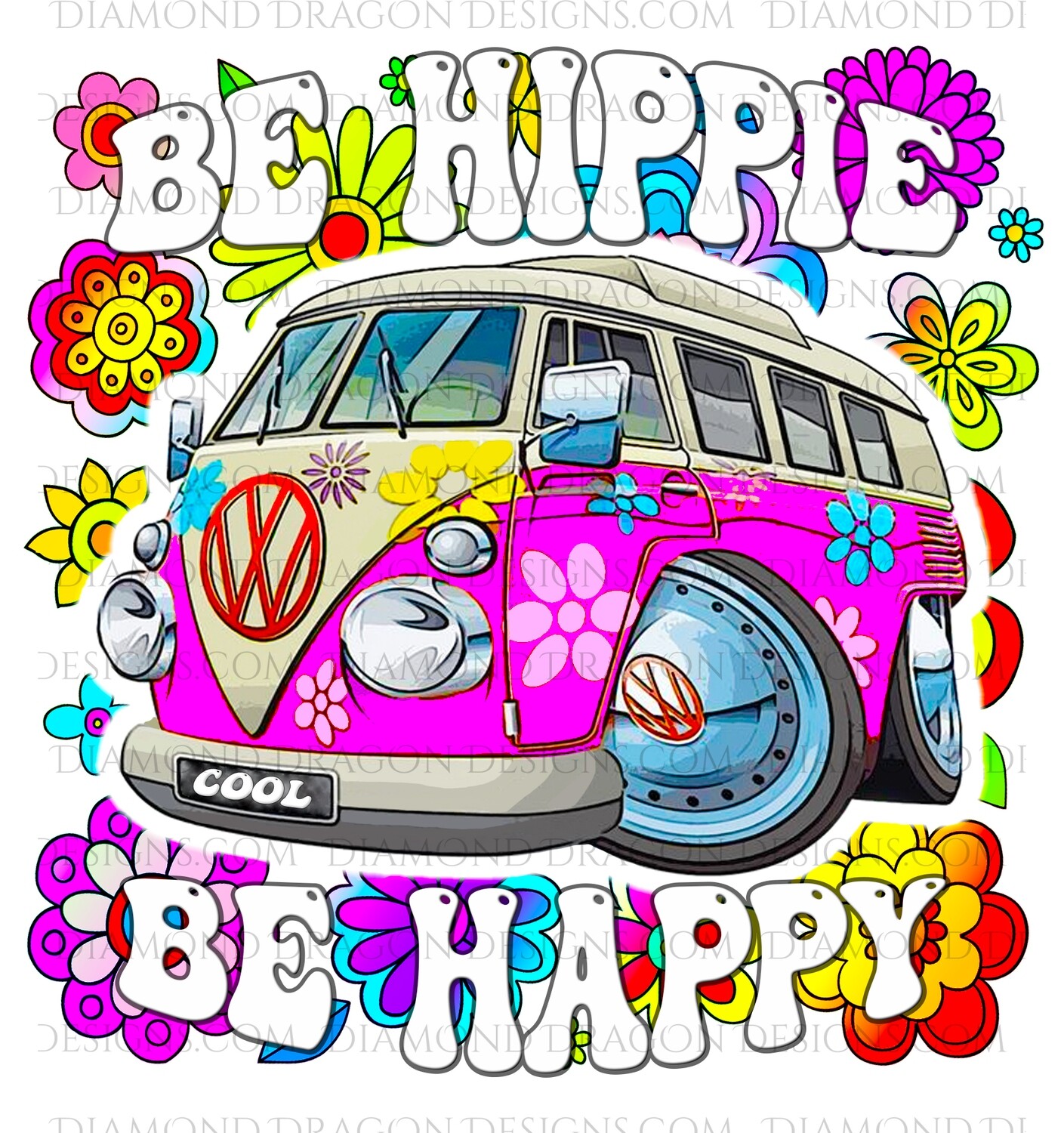 Quotes - Be Hippie, Be Happy, 70s, VW Bus, Retro Pink, Digital Image