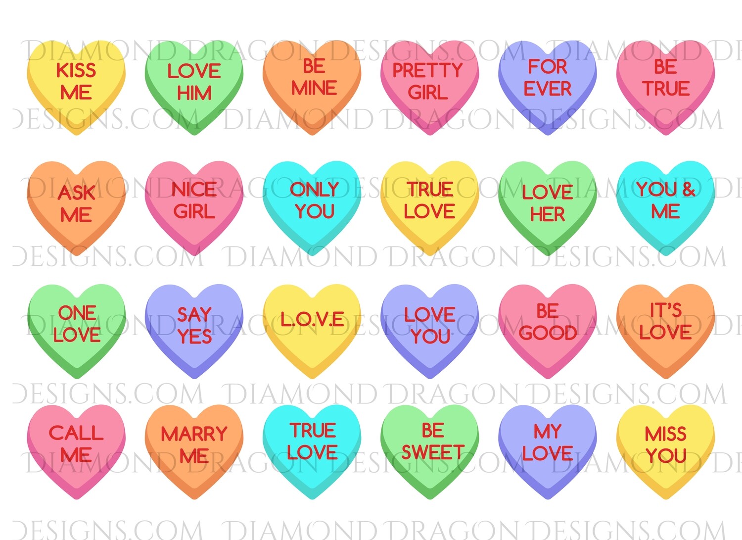 Valentines - Conversation Heart Candies, Sweethearts, Full Page, Waterslide