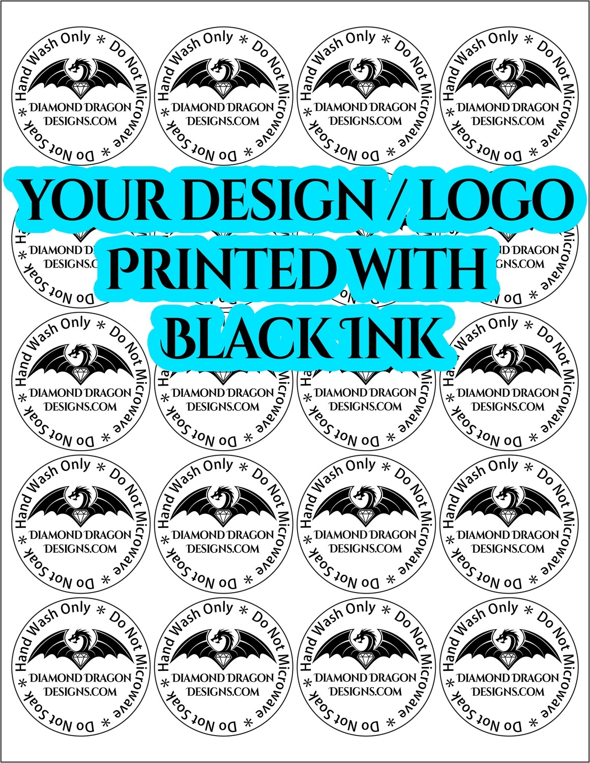 Full Page - 2'' Circle, BLACK INK, Clear STICKER, Care Instruction / Business Logo - 20 Clear Stickers