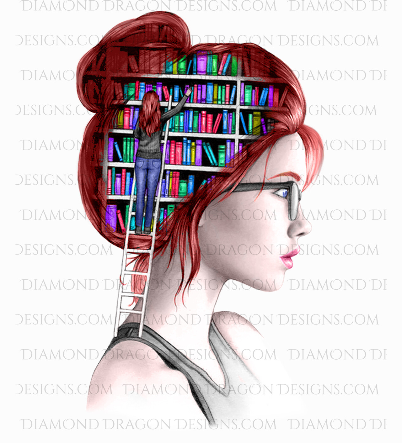 Books - Red head, Lady Library, Book Girl, Book Lover, Black and White, Digital Image