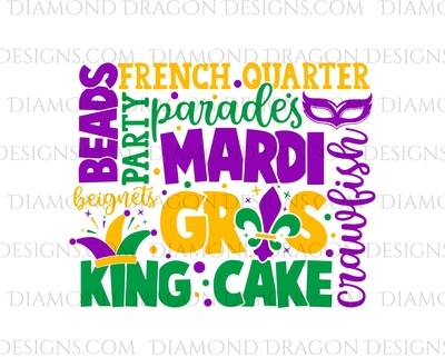 Mardi Gras - Mardi Gras Collage, King Cake, Purple, Green, Yellow - Waterslide Decal
