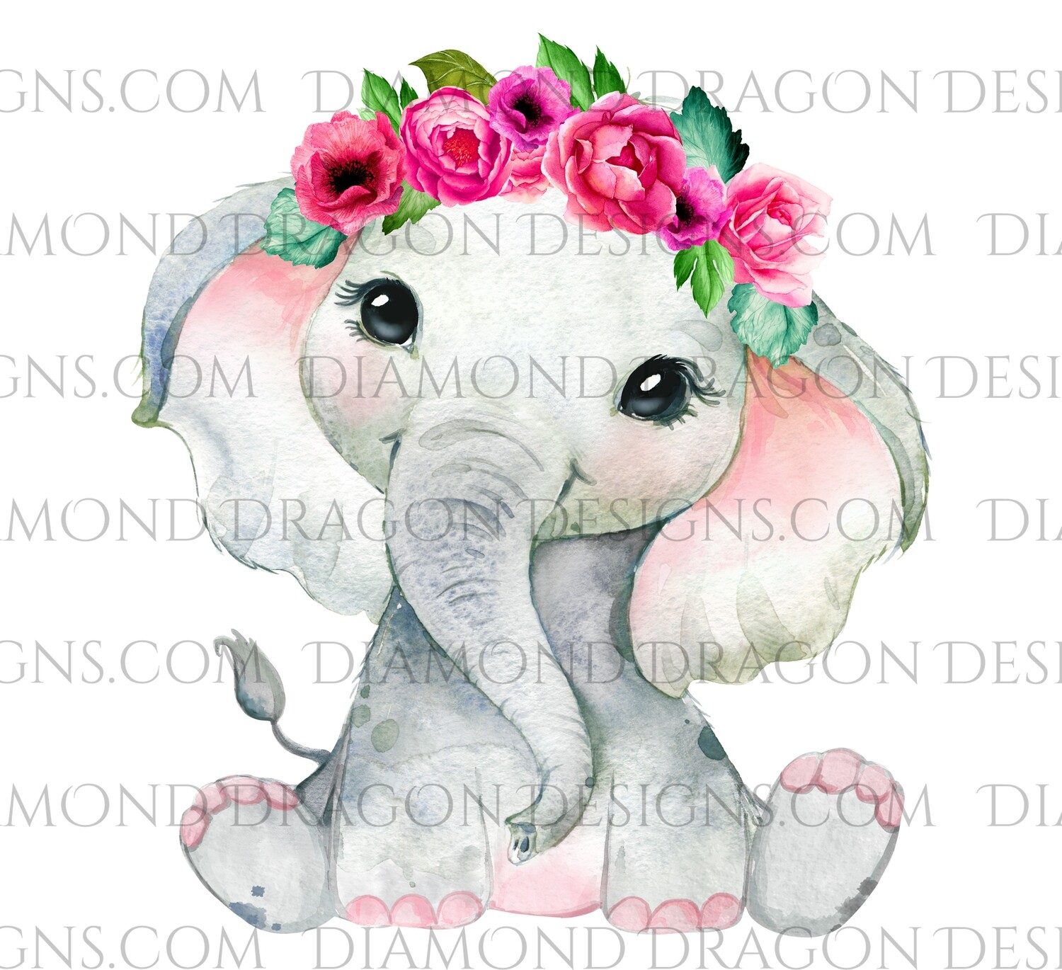 Animals - Cute Baby Girl Elephant, Elephant, Watercolor Flowers, Waterslide