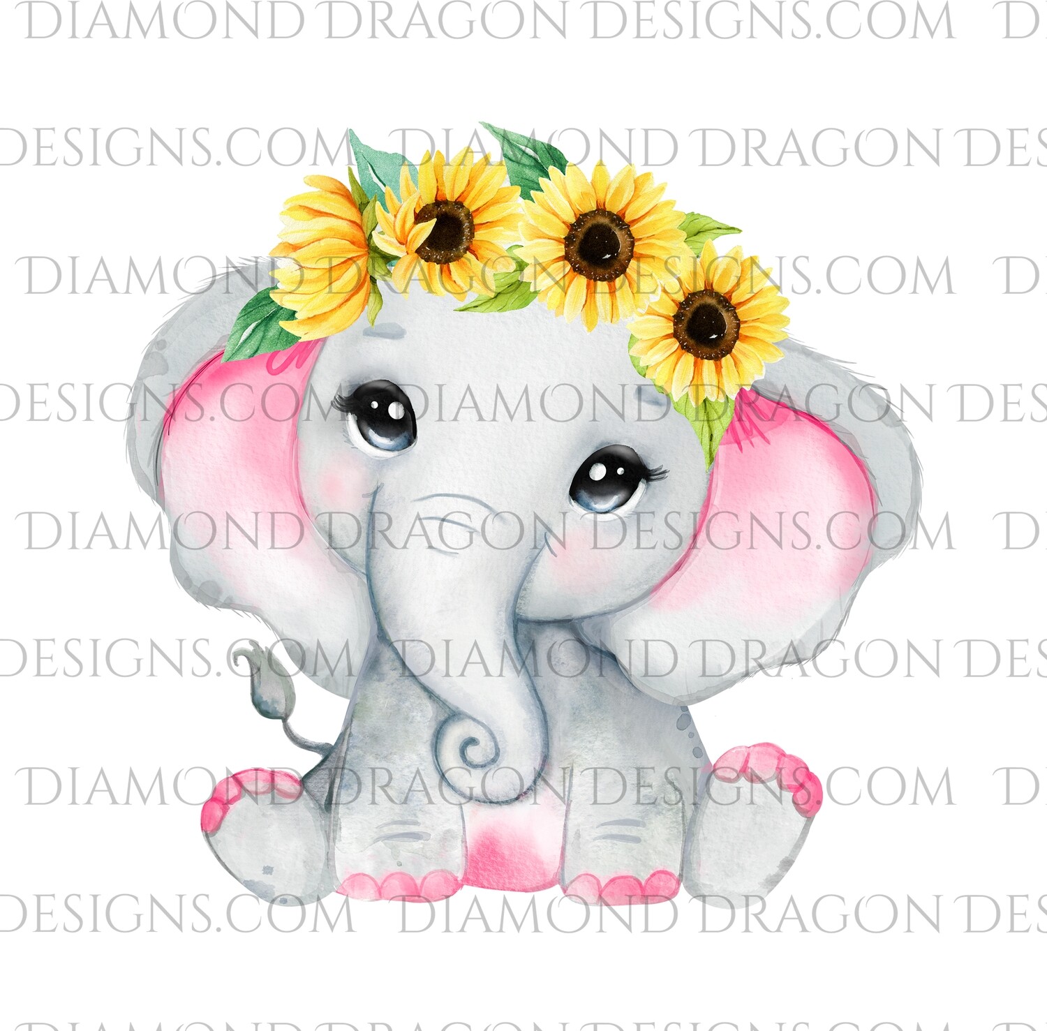 Animals - Cute Baby Elephant, Watercolor Sunflowers, Waterslide