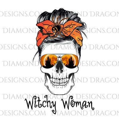 Skulls - Witchy Woman, Skull, Messy Bun, Sunglasses, Halloween, Mom Skull, Waterslide