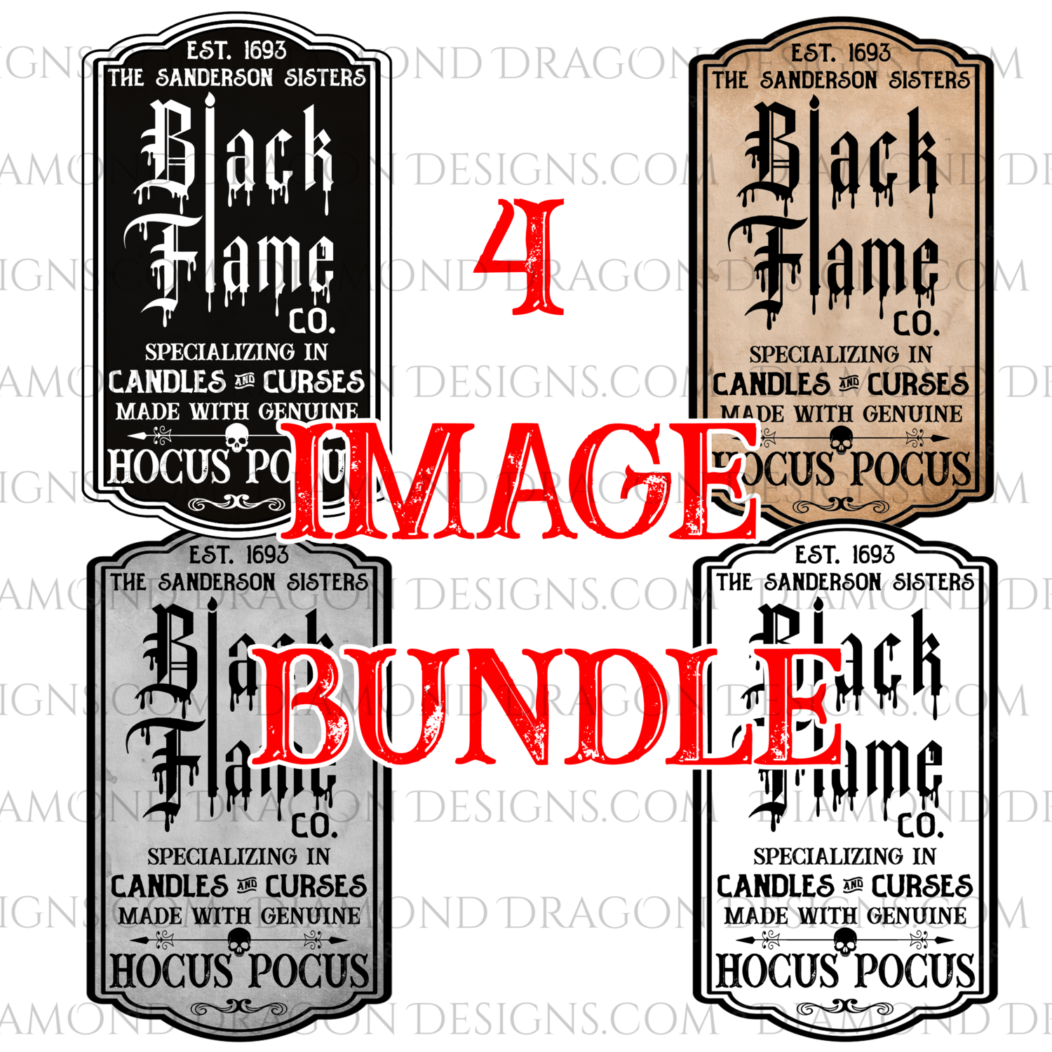 Halloween - All 4 Black Flame Candle Labels for Tumblers, Image File, Instant Digital Image