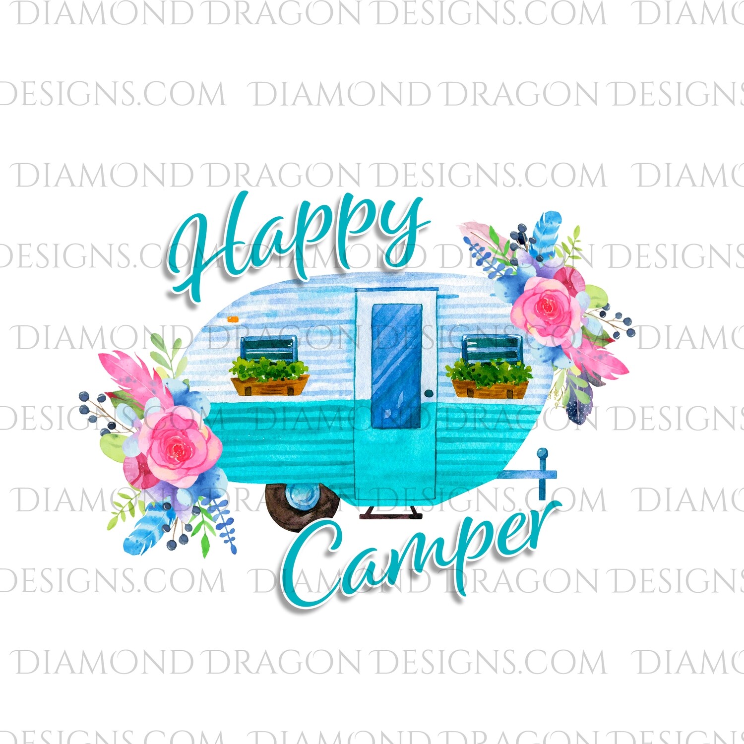 Camping - Happy Camper, Camping, Floral Watercolor Camper, Waterslide