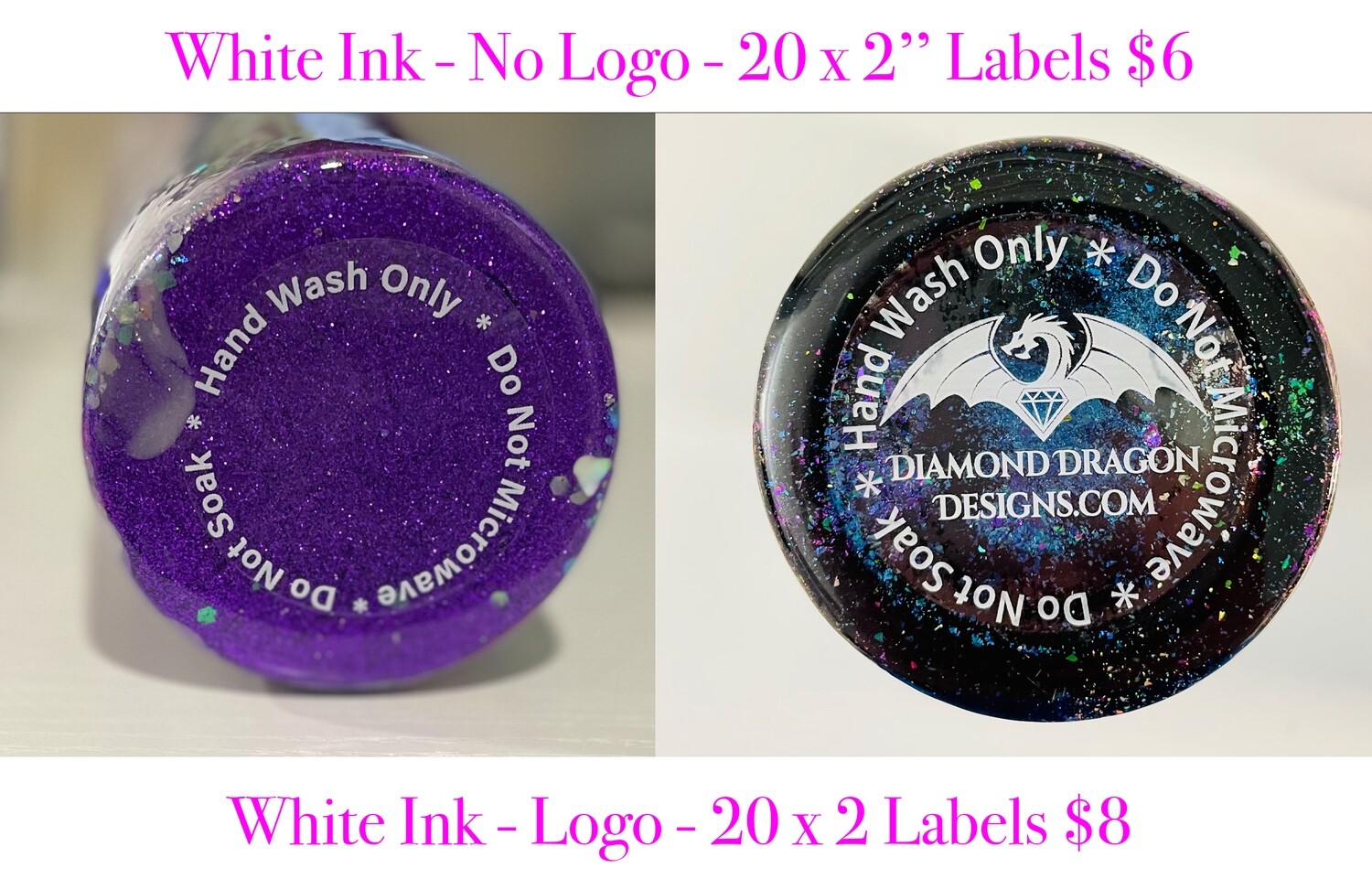 Full Page - 2'' Circle, WHITE INK, Clear STICKER, Care Instruction / Business Logo - 20 Clear Stickers