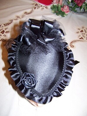 Ladies Civil War, Victorian Hat and Reticule,Black Satin Teardrop Hat with Satin Ruffle and Large Ribbon Rose