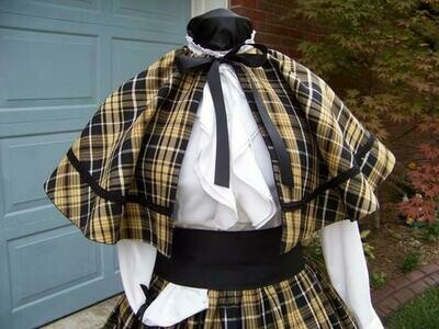 Dickens Civil War Ladies Long Skirt and Sash or Skirt, sash and Cape one size fits most Black, Golden Tan or khaki, and white plaid cotton homespun with braid trim on cape Handmade in the USA