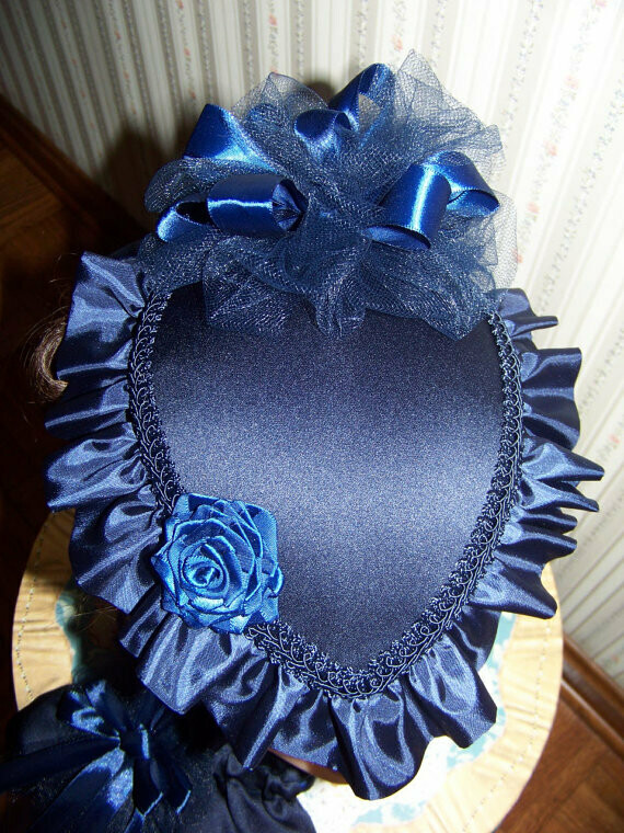 Ladies Civil War, Victorian Hat and Reticule,Navy Blue  SatinTeardrop Hat with Satin Ruffle and Large Ribbon Rose